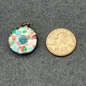 Glass Pendant Silver Round Millefleur Flower Blue Green Pink Iridescent Artisan